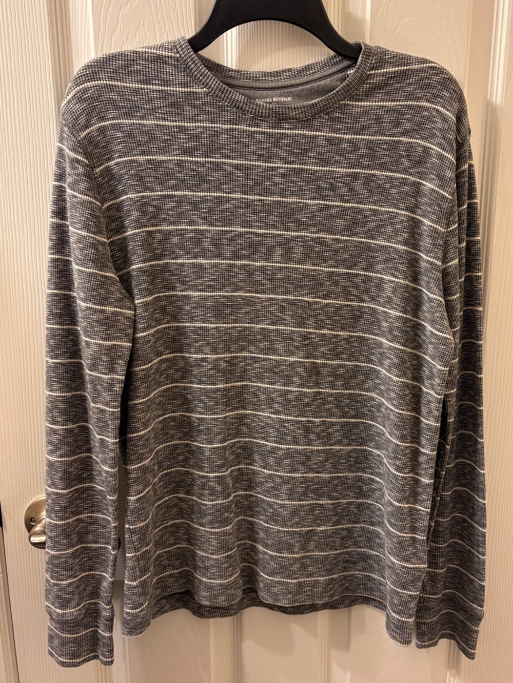 Banana Republic Gray and White Striped Long-Sleeve Crewneck